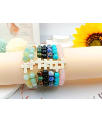 Cross Beaded Bracelet for Women Fashion Lava Volcanic Stone Beads Turquoise Cross Elastic Stretch Bracelet Valentine's Day Bi...