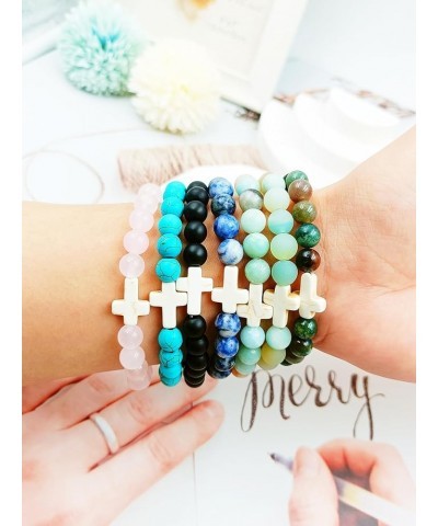 Cross Beaded Bracelet for Women Fashion Lava Volcanic Stone Beads Turquoise Cross Elastic Stretch Bracelet Valentine's Day Bi...