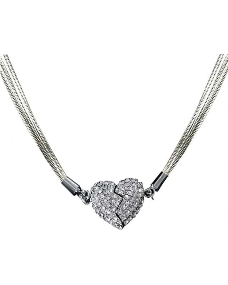 Double-Sided Wearing Diamond-Set Magnetic Love Pendant,Niche Design Broken Heart Magnet Necklace,Three-Layer Chain Metal Wind...