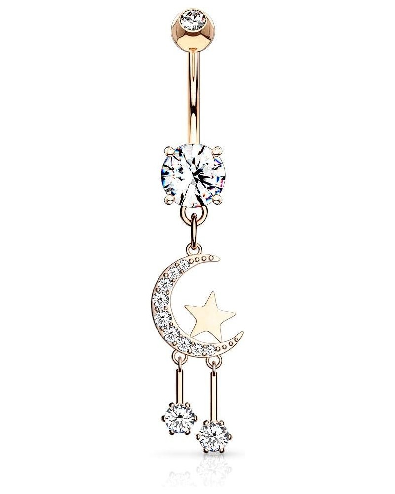 14GA Stainless Steel Crystal Paved Crescent Moon and Stars Dangling Belly Button Ring Rose Gold Tone $8.58 Body Jewelry