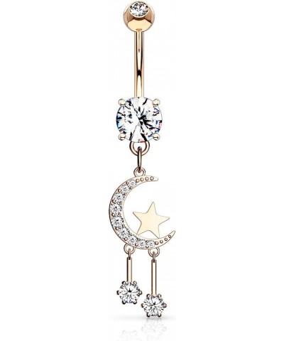 14GA Stainless Steel Crystal Paved Crescent Moon and Stars Dangling Belly Button Ring Rose Gold Tone $8.58 Body Jewelry