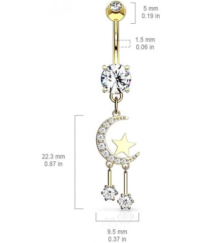 14GA Stainless Steel Crystal Paved Crescent Moon and Stars Dangling Belly Button Ring Rose Gold Tone $8.58 Body Jewelry