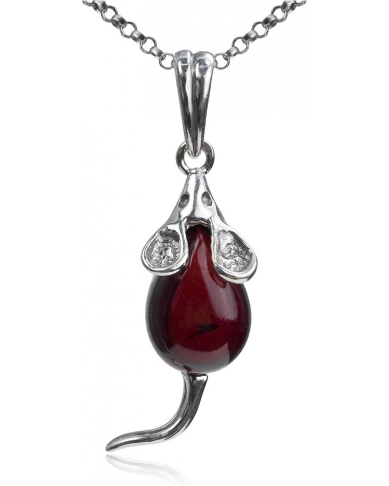 Cherry Amber Sterling Silver Mouse Pendant Necklace Chain 18 Inches $18.70 Necklaces