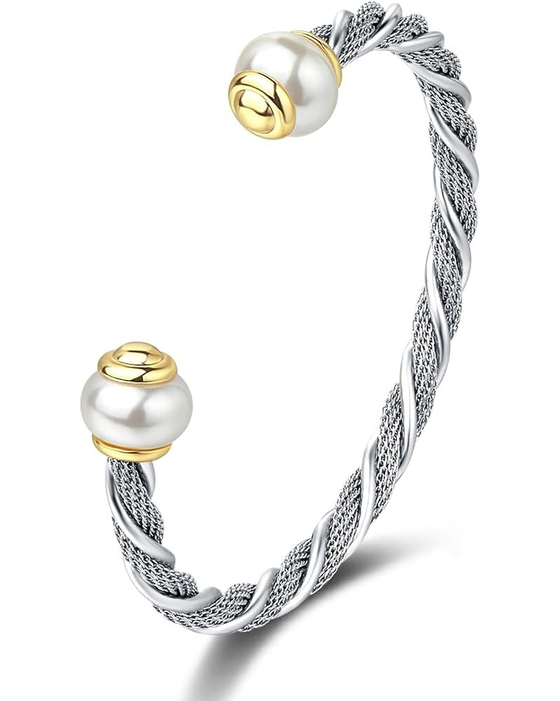 Stainless Steel Mesh Chain Fusion Twisted Cable Imitation Pearl Open Cuff Bangle Bracelet Women Jewelry Designer Inspired Chr...