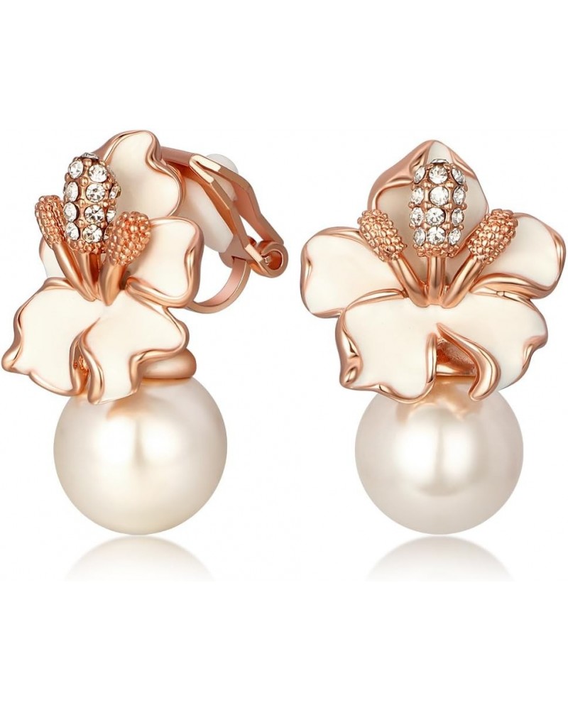 Rose Gold/Silver Plated Flower Pearl Earrings Stud/Clip On for Women white $14.40 Earrings