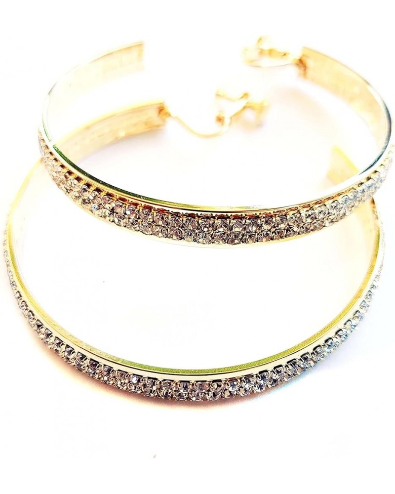 Clip-on Earrings Large Hoop Earrings Double Rhinestone Lined Gold or Silver Tone 2.5 Inch Gold $10.00 Earrings