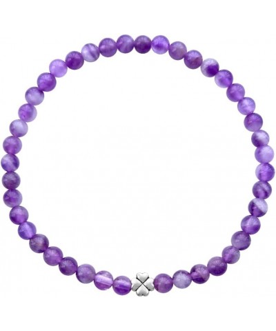 Positive Lady natural amethyst bracelet 4mm 16.65cm with 925 sterling silver clover cross stretchy beaded purple energy cryst...