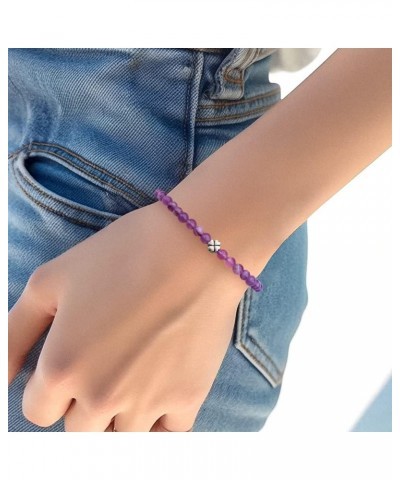 Positive Lady natural amethyst bracelet 4mm 16.65cm with 925 sterling silver clover cross stretchy beaded purple energy cryst...