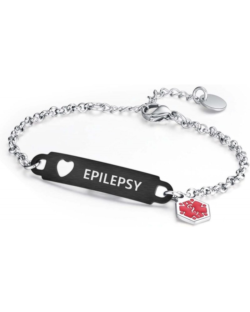 Pre-Engraved Simple Rolo Chain Medical Alert id Bracelet for Women PVD Black & Stainless Silver epilepsy $14.99 Bracelets