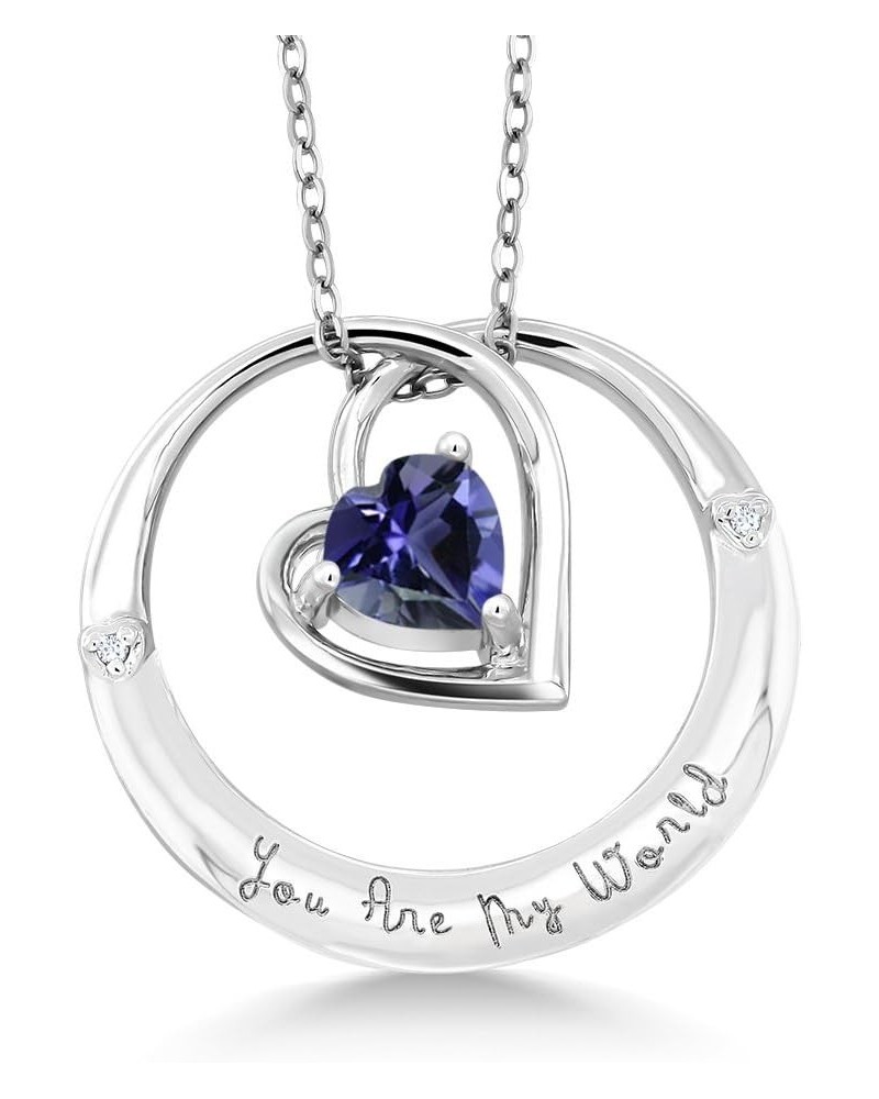 925 Sterling Silver 6MM Heart Shape Gemstone Birthstone and White Diamond You Are My World Pendant Necklace For Women with 18...