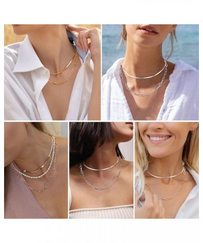 2-Layered Chain Necklaces 18K Gold Plated Layering Snake Paperclip Chain Choker Sets for Women Silver-6mm-18" Paperclip &3mm-...