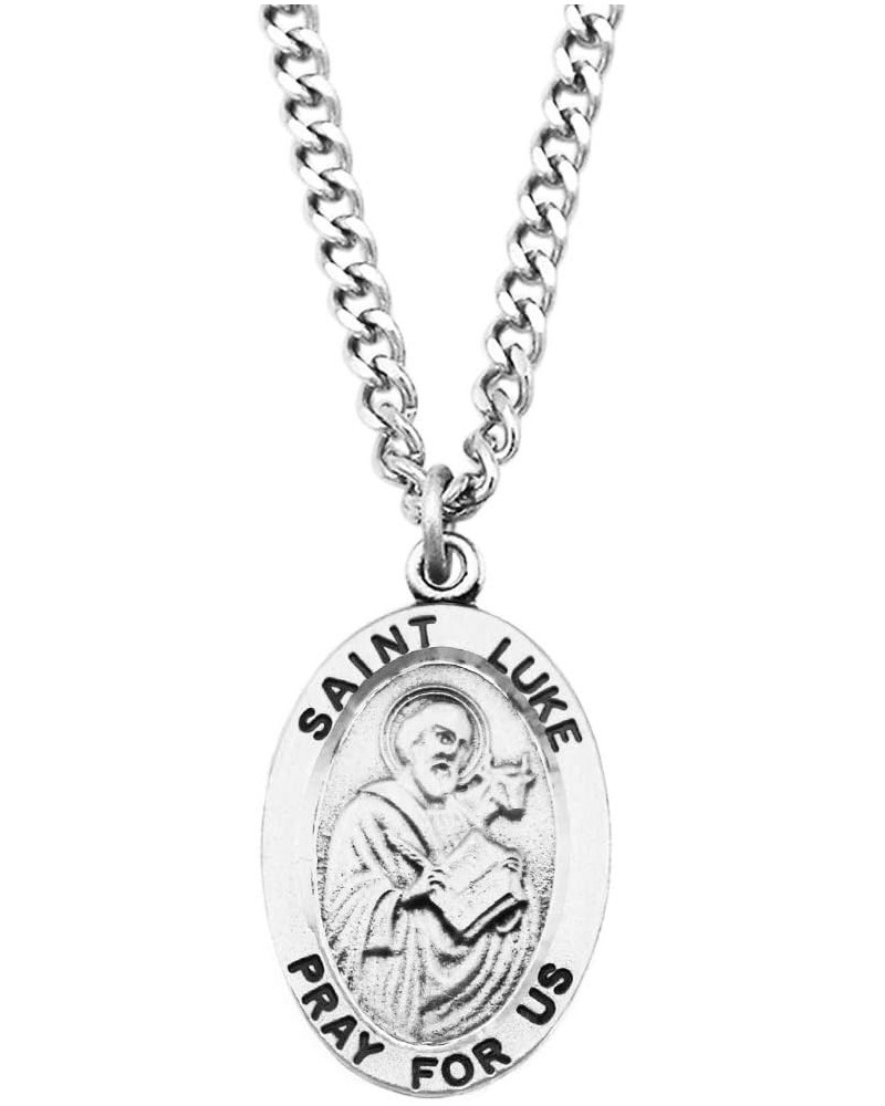 Religious Saint Medal Pendant On Claspless Stainless Steel Curb Chain Necklace With Biography And Picture Folder, 24 St Luke ...