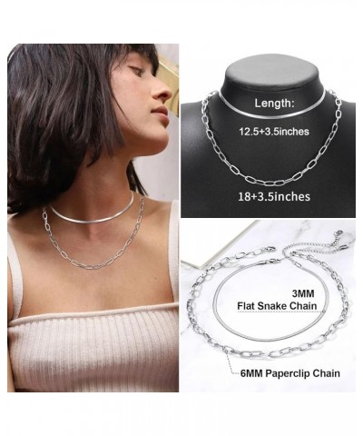 2-Layered Chain Necklaces 18K Gold Plated Layering Snake Paperclip Chain Choker Sets for Women Silver-6mm-18" Paperclip &3mm-...