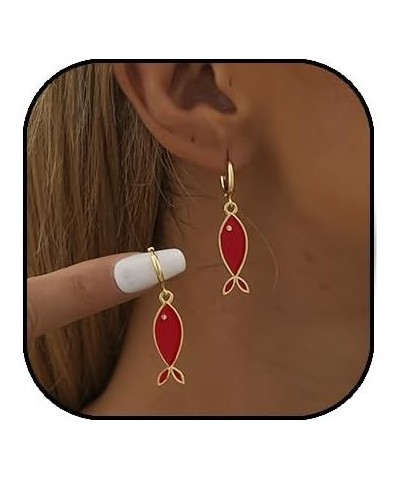 Red Fish Earrings for Women Girls Mermaid Drop Dangle Hoop Earring Funny Cute Statement Animal Earrings fish $7.94 Earrings