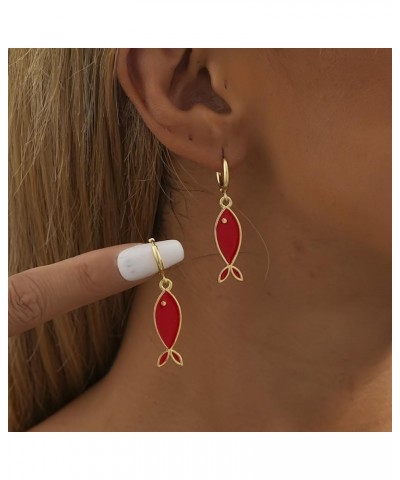 Red Fish Earrings for Women Girls Mermaid Drop Dangle Hoop Earring Funny Cute Statement Animal Earrings fish $7.94 Earrings