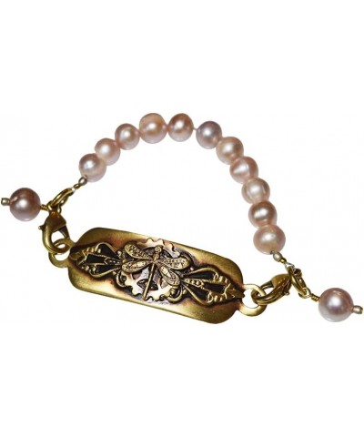 Elaine Coyne Satin Antiqued Brass Neo-Victorian Dragonfly Interchangeable Rockband Bracelet - Genuine Pale Pink Pearls 7.0 In...