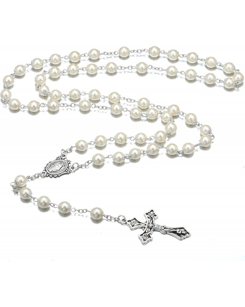 Catholic Pearl Beads Rosary Necklace Metal Beaded Miraculous Medal & Cross Rosary for Women Pearl $9.17 Necklaces