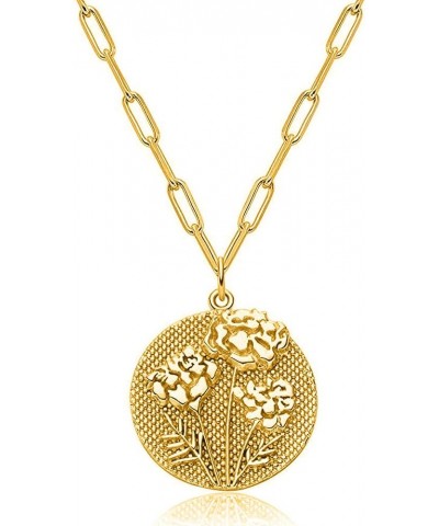 Birth Flower Necklace 18k Gold Plated Dainty Engraved Floral Pendant Necklaces Birth Month Disc Charm for Women Girl Jewelry ...