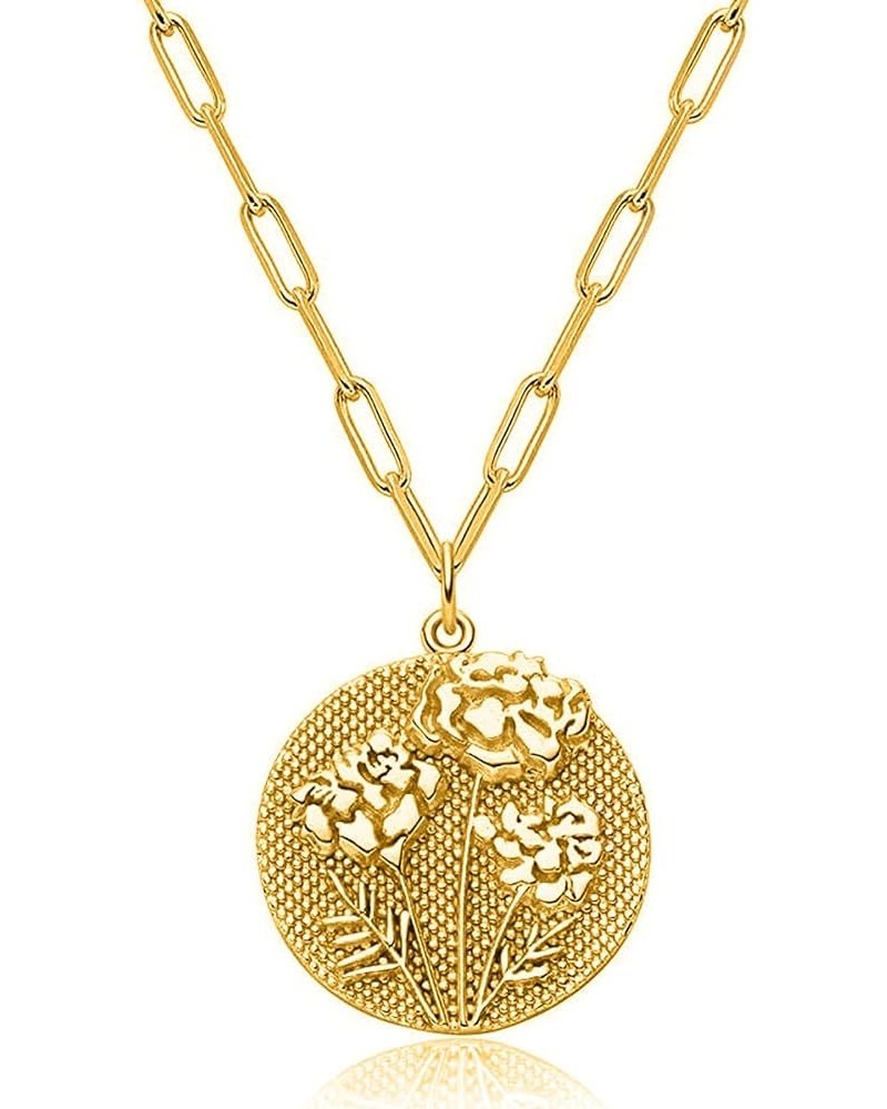 Birth Flower Necklace 18k Gold Plated Dainty Engraved Floral Pendant Necklaces Birth Month Disc Charm for Women Girl Jewelry ...