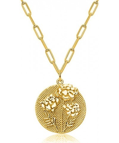 Birth Flower Necklace 18k Gold Plated Dainty Engraved Floral Pendant Necklaces Birth Month Disc Charm for Women Girl Jewelry ...