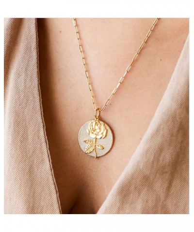 Birth Flower Necklace 18k Gold Plated Dainty Engraved Floral Pendant Necklaces Birth Month Disc Charm for Women Girl Jewelry ...