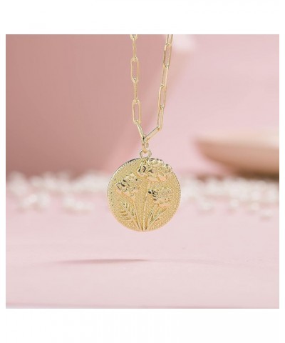 Birth Flower Necklace 18k Gold Plated Dainty Engraved Floral Pendant Necklaces Birth Month Disc Charm for Women Girl Jewelry ...