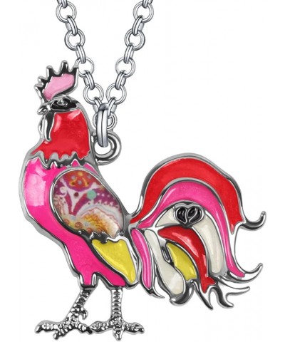 Enamel Alloy Rhinestone Rooster Necklace Chicken Pendant Farm Animals Jewelry Charms Gifts for Women Girls Kids Pink $9.17 Ne...