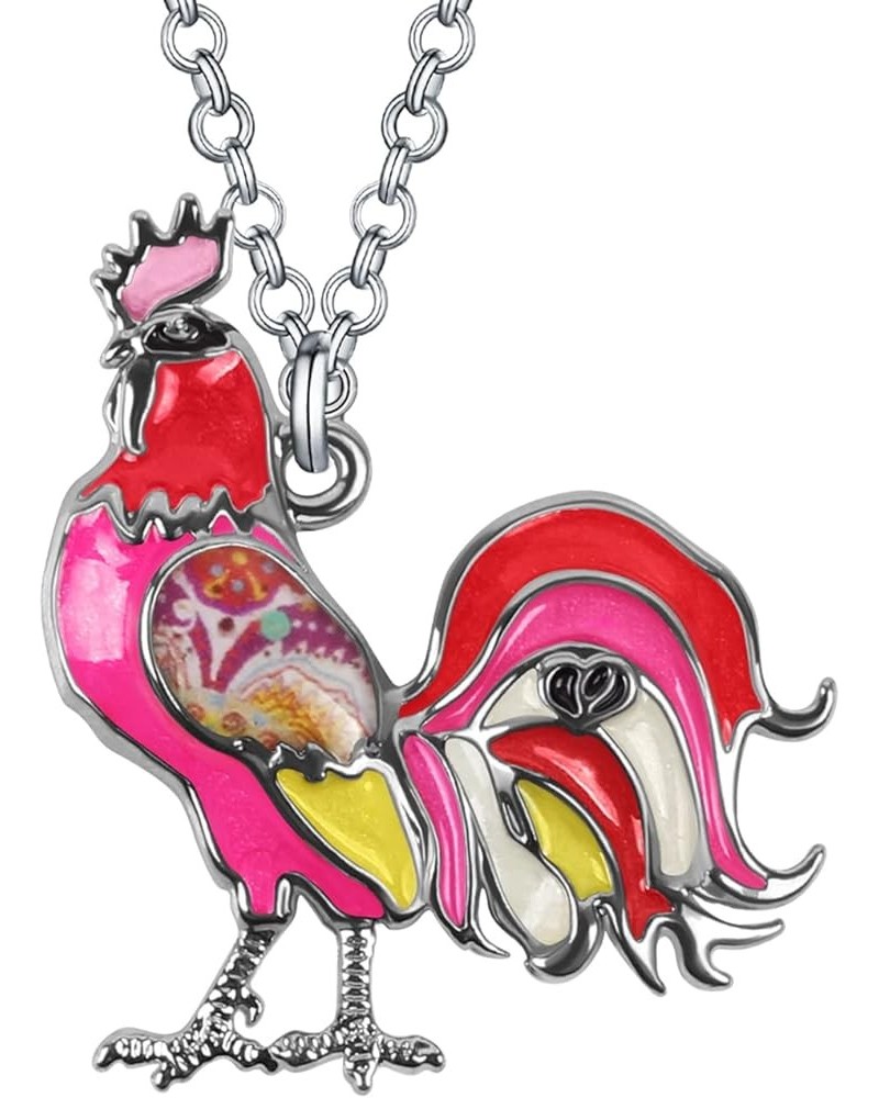 Enamel Alloy Rhinestone Rooster Necklace Chicken Pendant Farm Animals Jewelry Charms Gifts for Women Girls Kids Pink $9.17 Ne...