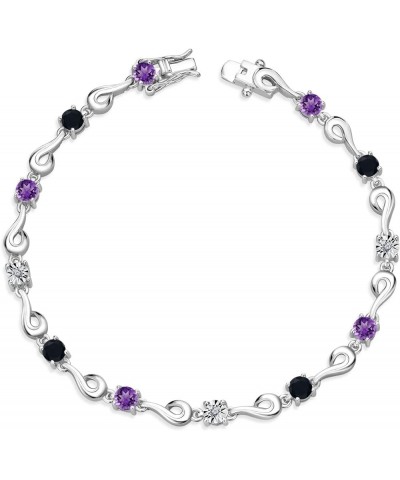 925 Sterling Silver Purple Amethyst and Black Onyx and White Lab Grown Diamond Bracelet For Women (2.15 Cttw, Gemstone Februa...