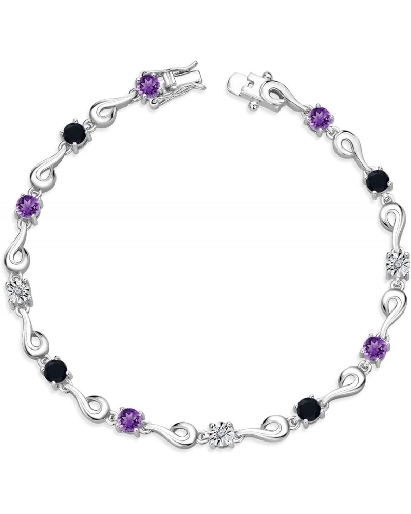 925 Sterling Silver Purple Amethyst and Black Onyx and White Lab Grown Diamond Bracelet For Women (2.15 Cttw, Gemstone Februa...