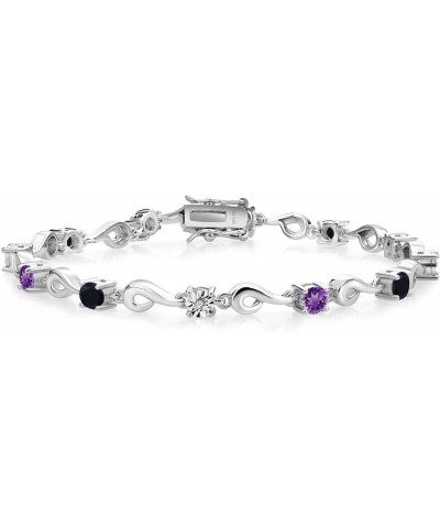 925 Sterling Silver Purple Amethyst and Black Onyx and White Lab Grown Diamond Bracelet For Women (2.15 Cttw, Gemstone Februa...