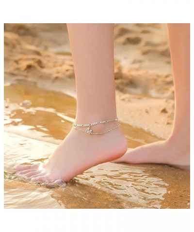 Ankle Bracelets for Women, 14K Gold Plated Dainty Layered Figaro Chain CZ Initial Anklets Summer Jewelry Gifts for Women Teen...