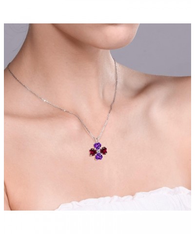 925 Sterling Silver Purple Amethyst and Red Created Ruby 4 Heart Shape Gemstone February Birthstone Pendant Necklace For Wome...