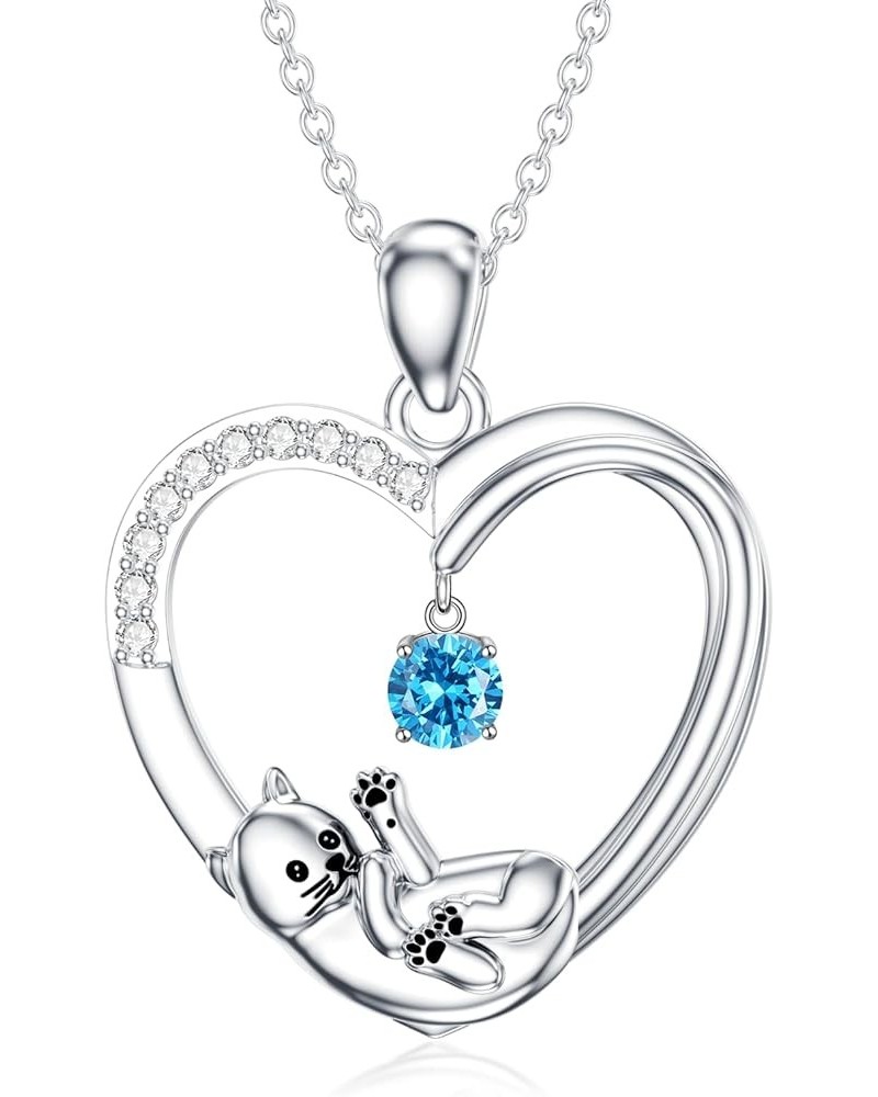 Cat Heart Necklace with Synthetic Birthstone Silver Cat Birthstone Necklace Gift for Women Girls December $36.91 Necklaces