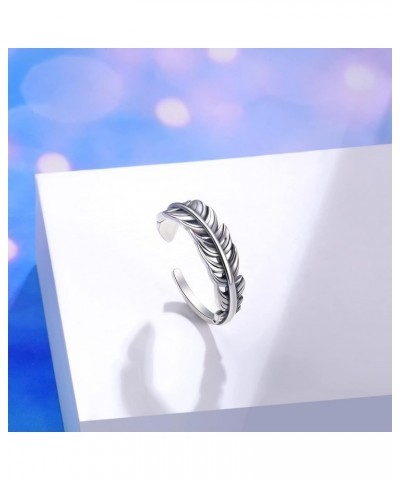 Angel Wings Feather Ring 925 Sterling Silver Adjustable Rings Vintage Dainty Leaf Open Rings Gift for Women Men Single feathe...