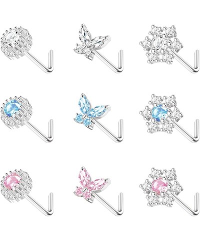 9PCS Nose Ring Stud for Women 20G Stainless Steel L-Shape Nose Rings CZ Butterfly Snowflake Nose Studs Assorted Nose Piercing...