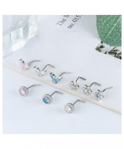 9PCS Nose Ring Stud for Women 20G Stainless Steel L-Shape Nose Rings CZ Butterfly Snowflake Nose Studs Assorted Nose Piercing...