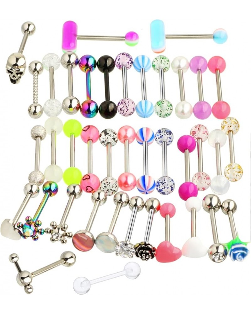 14G 39Pcs Stainless Steel Tongue Rings Straight Barbell Tongue Piercing Body Jewelry Acrylic Glow In Dark Clear Boiflex Tongu...