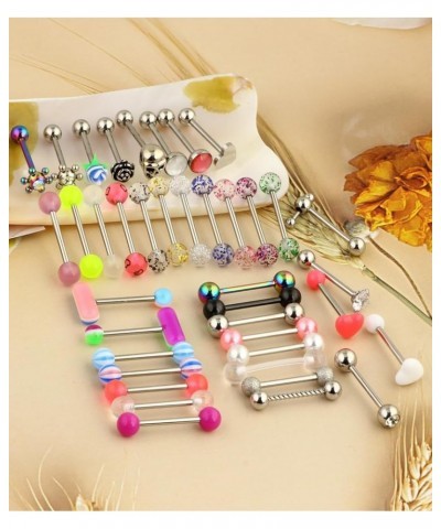 14G 39Pcs Stainless Steel Tongue Rings Straight Barbell Tongue Piercing Body Jewelry Acrylic Glow In Dark Clear Boiflex Tongu...