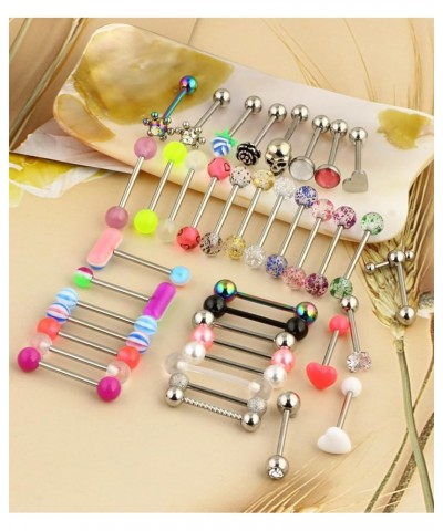 14G 39Pcs Stainless Steel Tongue Rings Straight Barbell Tongue Piercing Body Jewelry Acrylic Glow In Dark Clear Boiflex Tongu...