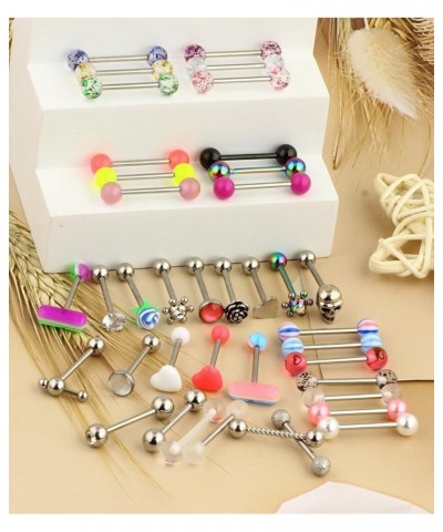 14G 39Pcs Stainless Steel Tongue Rings Straight Barbell Tongue Piercing Body Jewelry Acrylic Glow In Dark Clear Boiflex Tongu...