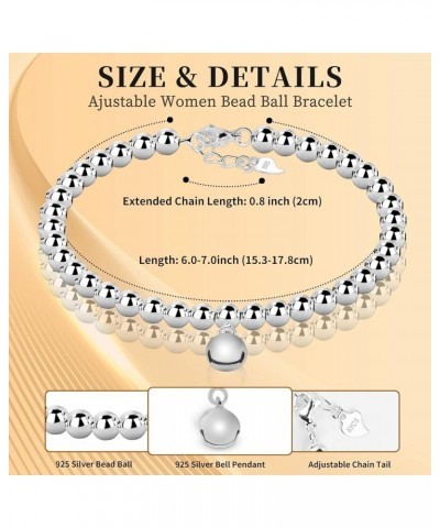 925 Sterling Silver 4mm Bead Ball Strand Chain Bracelet, Handmade Adjustable Bead S925 Bracelet Pendant Gifts for Women and G...