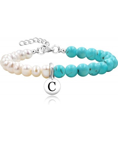 Personalized A-Z Initial Charms 26 Letters Alphabet Bracelet-Natural Freshwater Pearls and Turquoise Bracelet C $10.25 Bracelets