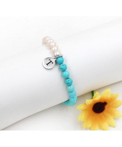 Personalized A-Z Initial Charms 26 Letters Alphabet Bracelet-Natural Freshwater Pearls and Turquoise Bracelet C $10.25 Bracelets