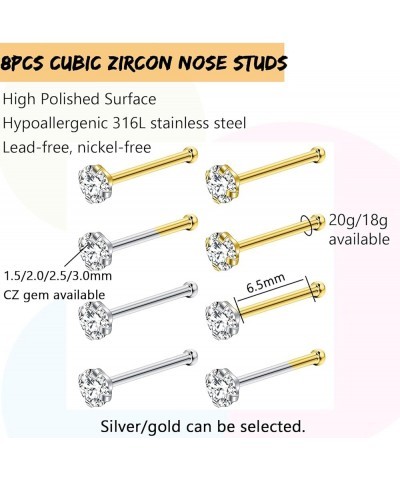 8Pcs Nose Rings Studs 316L Surgical Steel Nose Studs 1.5mm 2mm 2.5mm 3mm CZ Nostril Piercing Jewelry L Shaped Nose Rings for ...