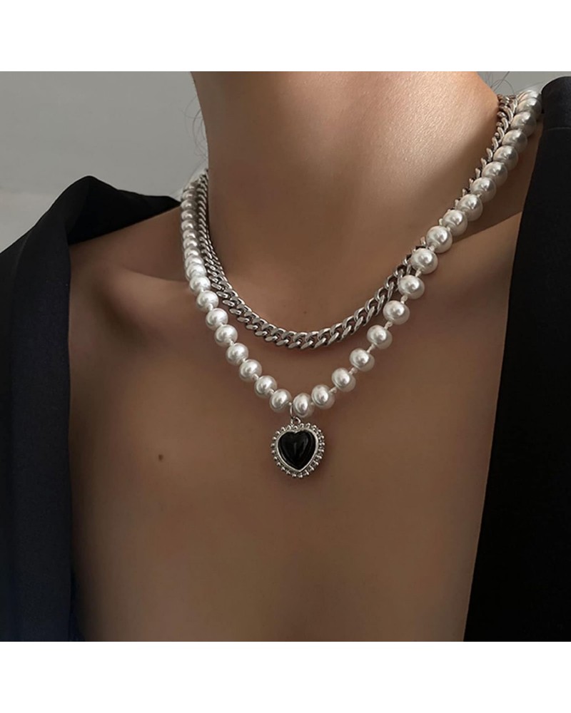 Layered Pearl Choker Necklace Black Crystal Heart Pendant Necklace Faux Pearl Chain Love Heart Necklace Vintage Silver Pearl ...