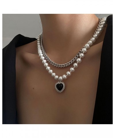 Layered Pearl Choker Necklace Black Crystal Heart Pendant Necklace Faux Pearl Chain Love Heart Necklace Vintage Silver Pearl ...