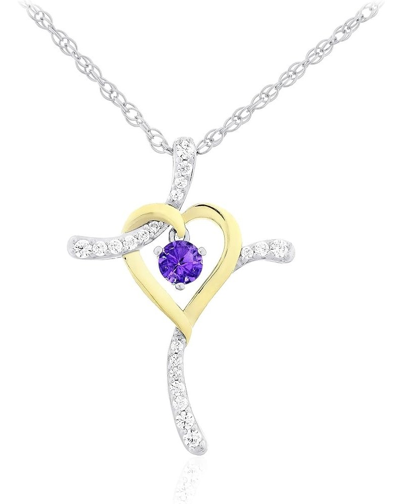 Two Tone 14K Yellow Gold Plated .925 Sterling Silver, Dangling Gemstone & Lab Grown White Sapphire Heart Cross Pendant Neckla...