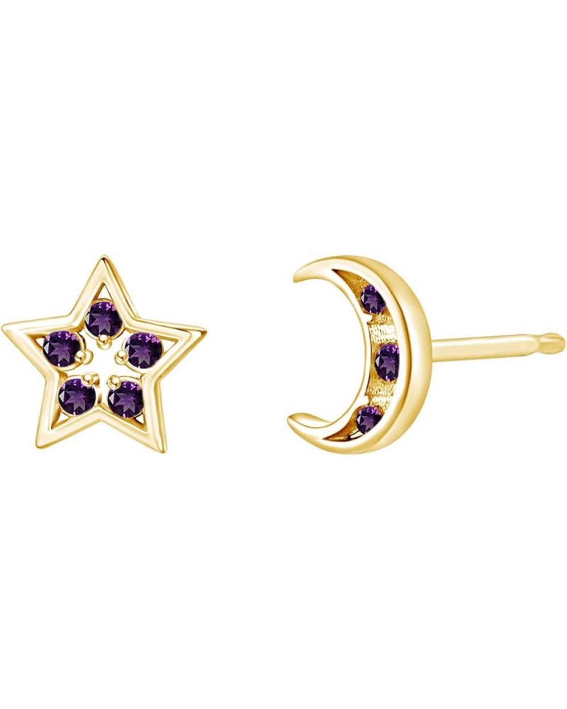 Simulated Birthstones Moon with Star Stud Earrings In 14k Yellow Gold Over Sterling Silver For Women Simulated Amethyst $44.5...