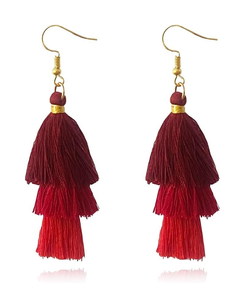 Bohemian Colorful Layered Tiered Tassel Stud Dangle Drop Earrings for Women Teen Girls Christmas Valentines Day Gift Red $7.0...